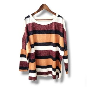 Lemafur Long Sleeve Color Block Oversized Striped T-Shirt | 2X